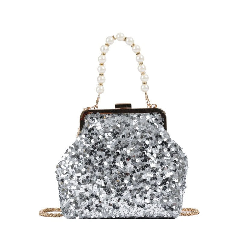 Pochette da Sera in Paillettes Argentate con Maniglia in Perle e Catena Staccabi