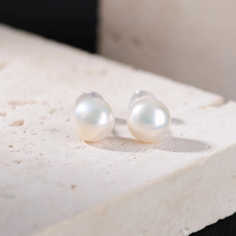 Orecchini a Stud Perle Naturali Acqua Dolce 8-8,5mm,perno Argento Ipoallergenica