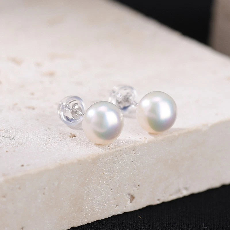 Orecchini a Stud Perle Naturali Acqua Dolce 8-8,5mm,perno Argento Ipoallergenica
