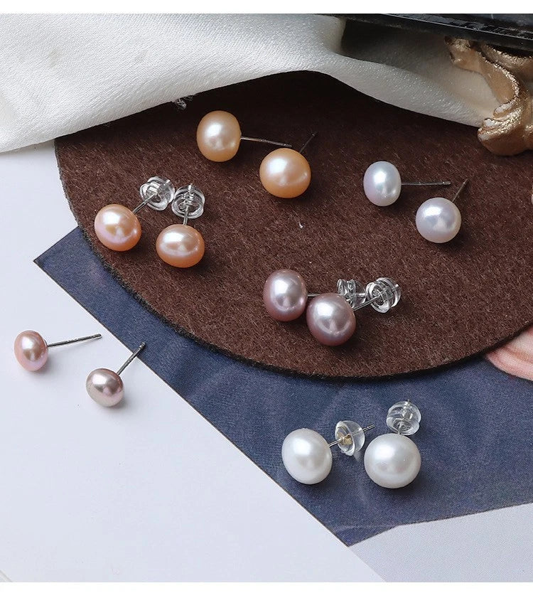 Orecchini a Stud Perle Naturali Acqua Dolce 8-8,5mm,perno Argento Ipoallergenica