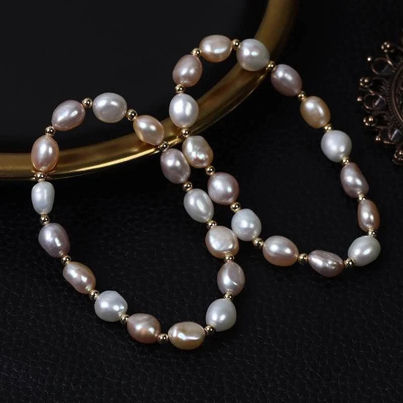 Bracciale con perle a chicco di riso colorate, stile francese con perline dorate
