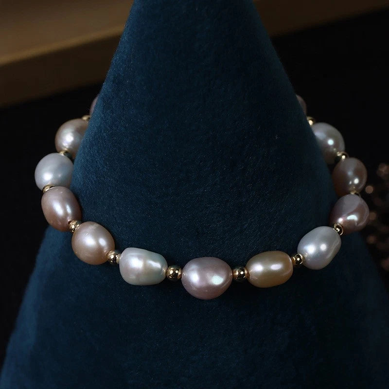 Bracciale con perle a chicco di riso colorate, stile francese con perline dorate