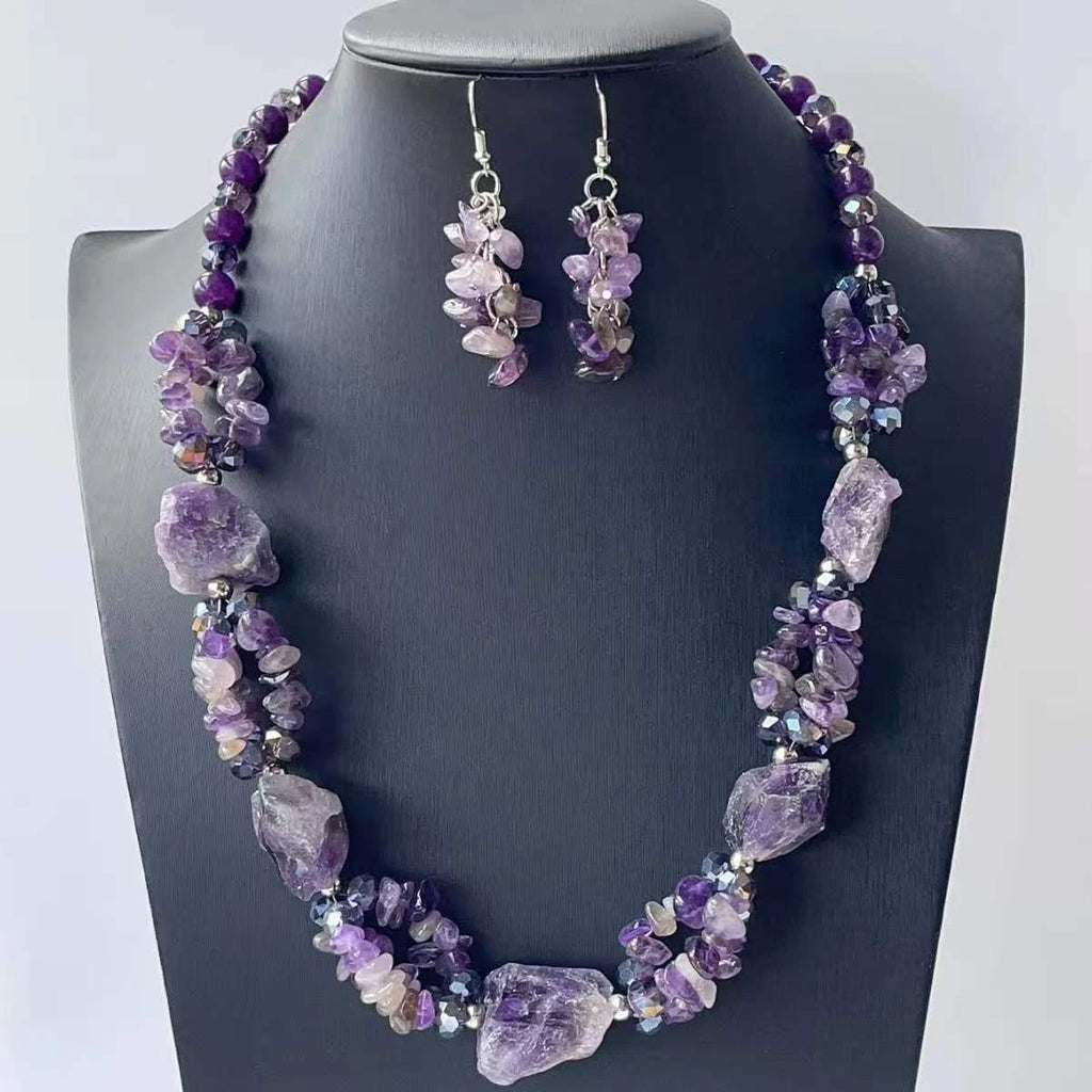 Set gioielli artigianale pietre e cristalli naturali grezzi,collana 45 cm