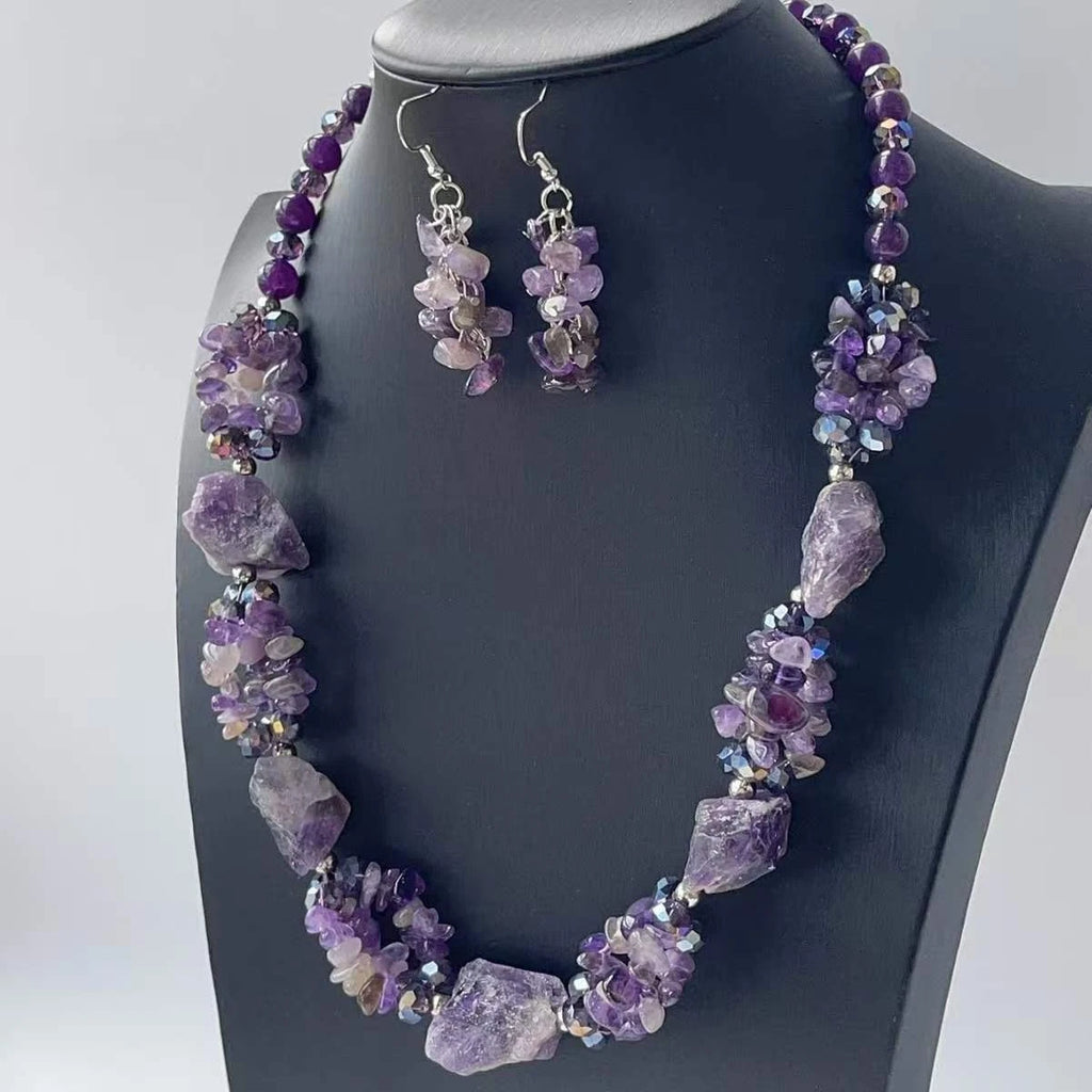 Set gioielli artigianale pietre e cristalli naturali grezzi,collana 45 cm