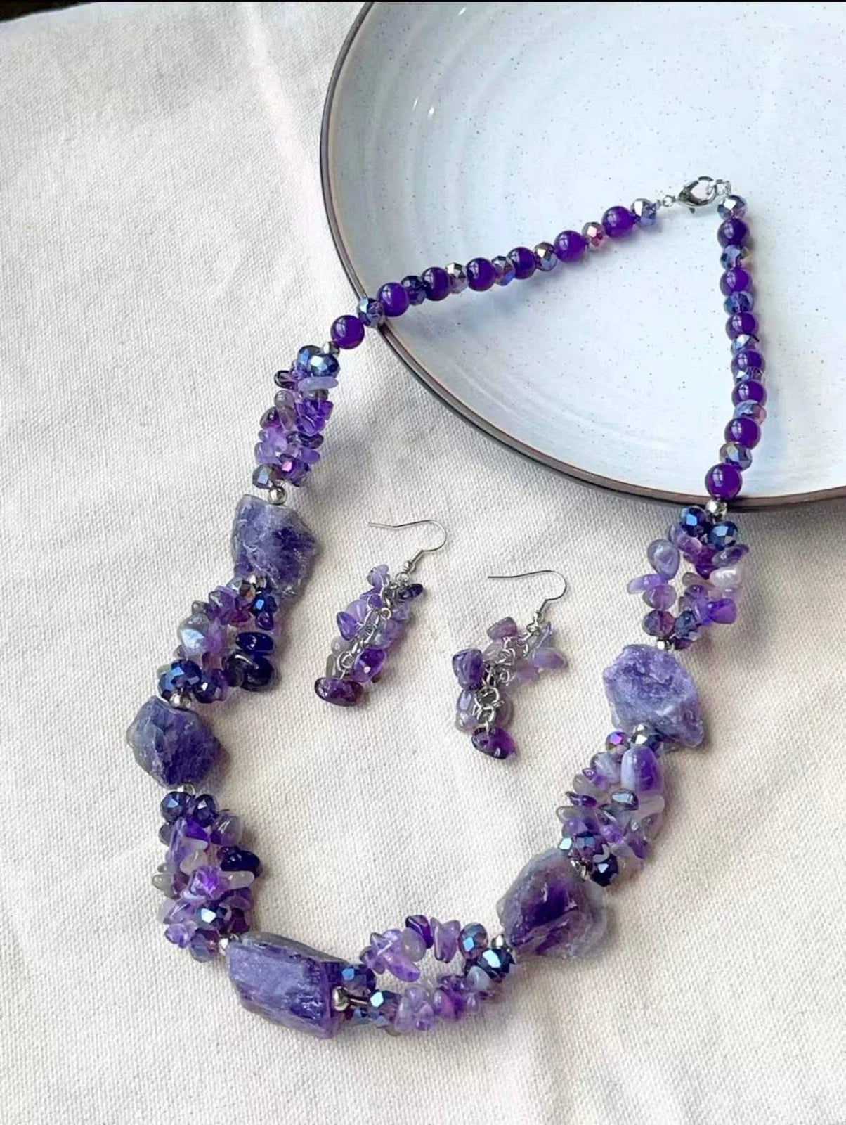 Set gioielli artigianale pietre e cristalli naturali grezzi,collana 45 cm