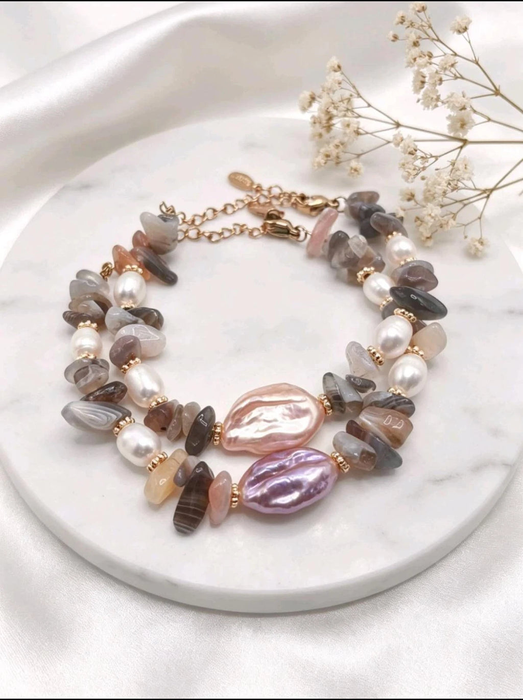 Bracciale di pietre naturali, perle d'acqua dolce  vere e perle barocche vere