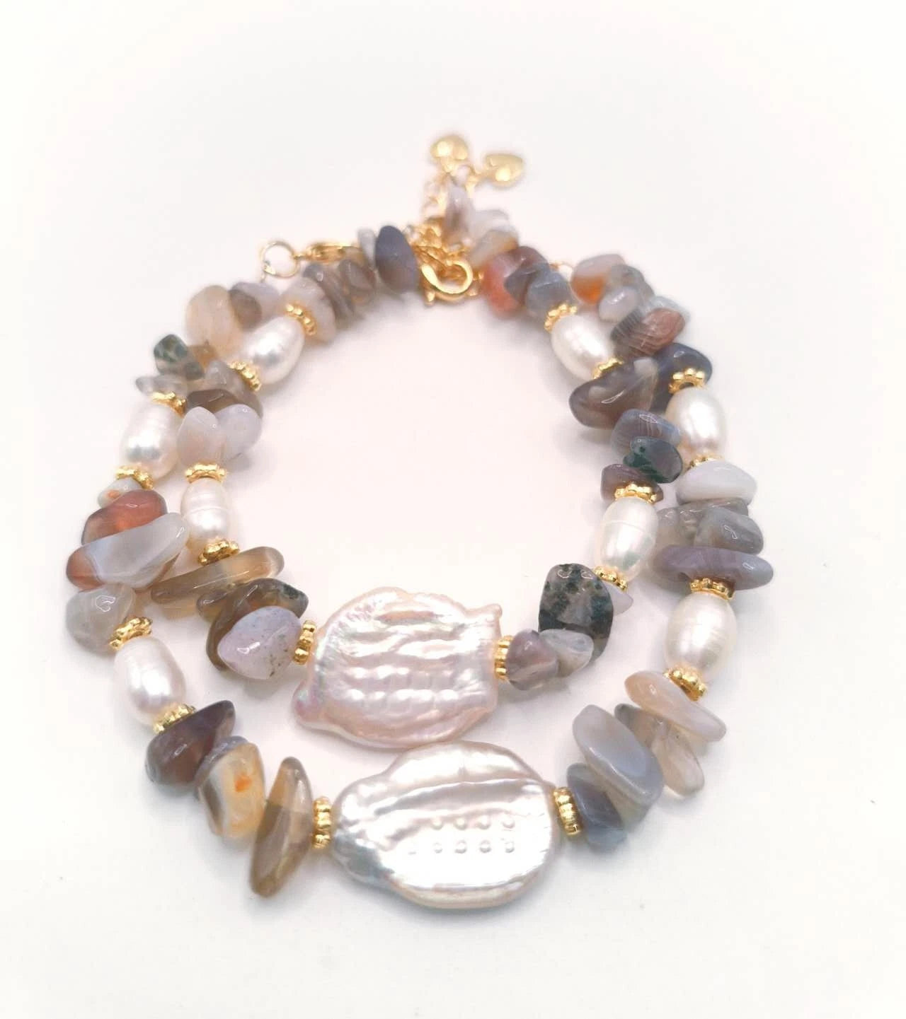 Bracciale di pietre naturali, perle d'acqua dolce  vere e perle barocche vere