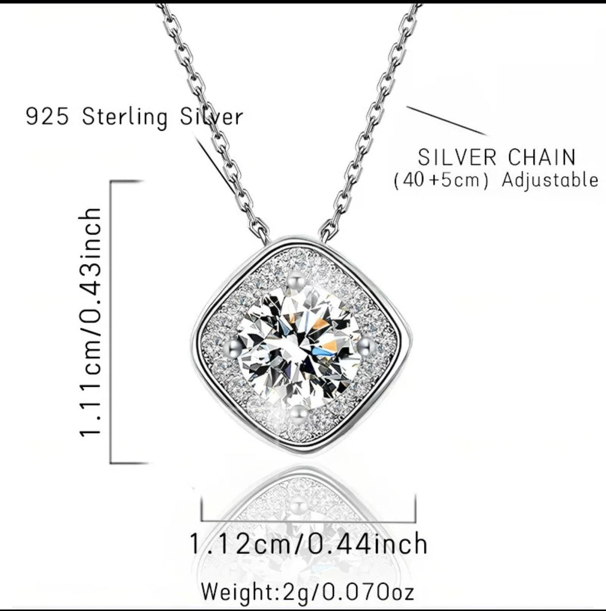 Collana in Argento 925 con Ciondolo a Zircone Taglio Cuscino, Ipoallergenica