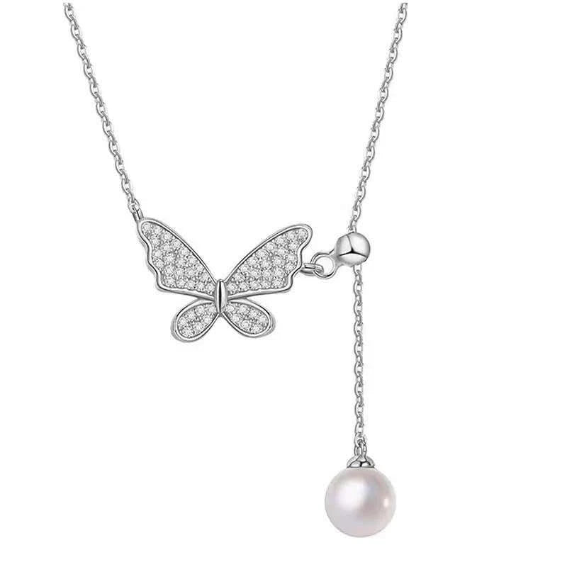 Trendy collana in argento 925 con ciondolo farfalla e perla