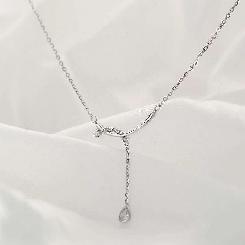 Collana Y Argento 925 Barra Intagliata Zirconio Goccia, Catena Regolabile