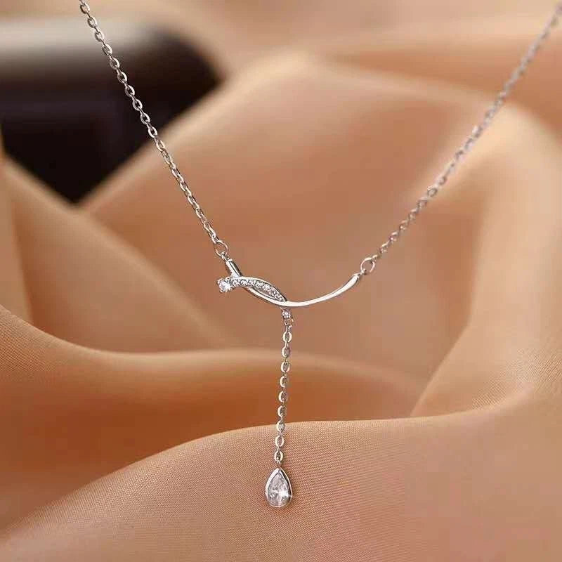 Collana Y Argento 925 Barra Intagliata Zirconio Goccia, Catena Regolabile