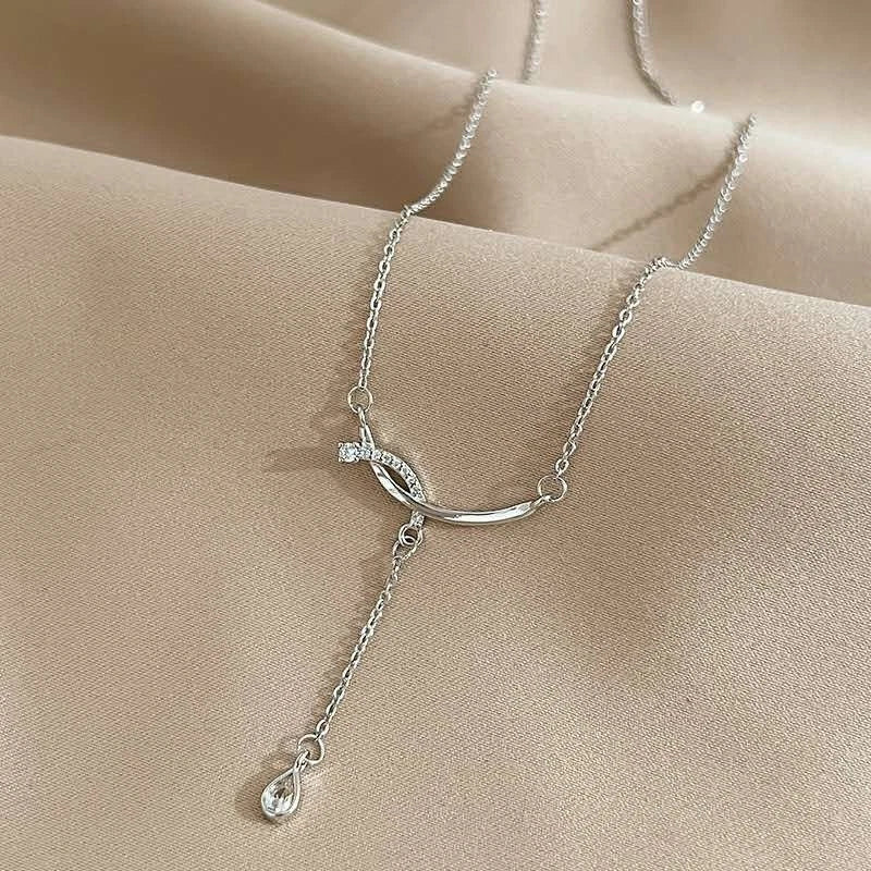 Collana Y Argento 925 Barra Intagliata Zirconio Goccia, Catena Regolabile