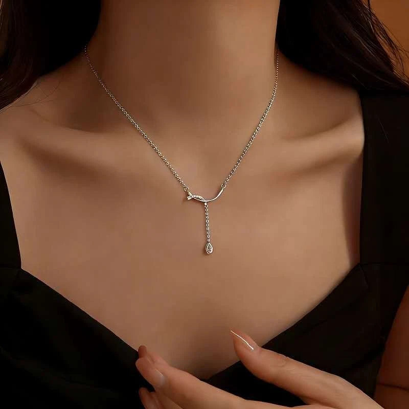 Collana Y Argento 925 Barra Intagliata Zirconio Goccia, Catena Regolabile