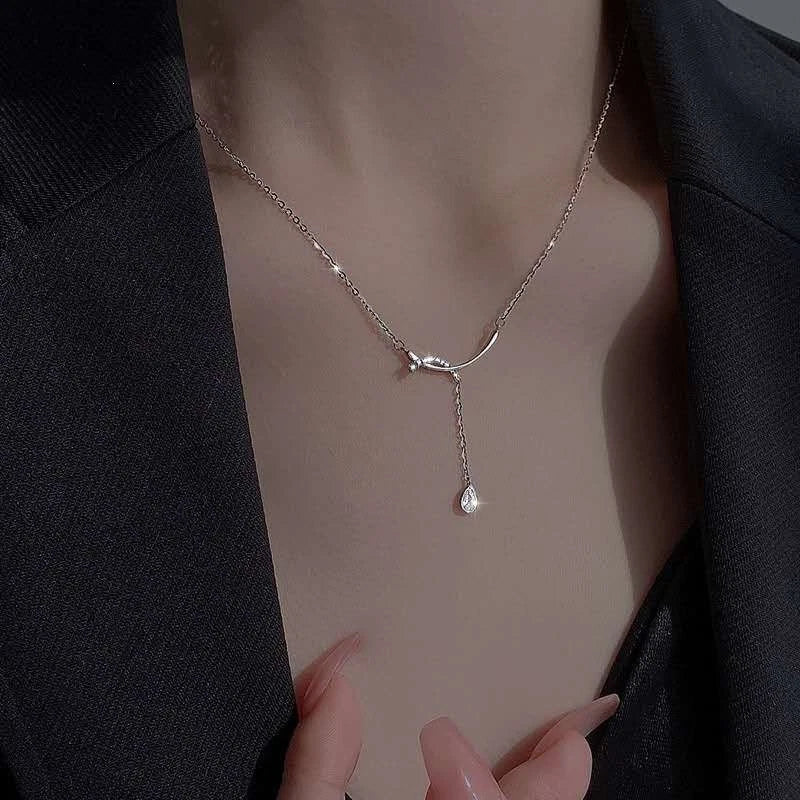 Collana Y Argento 925 Barra Intagliata Zirconio Goccia, Catena Regolabile