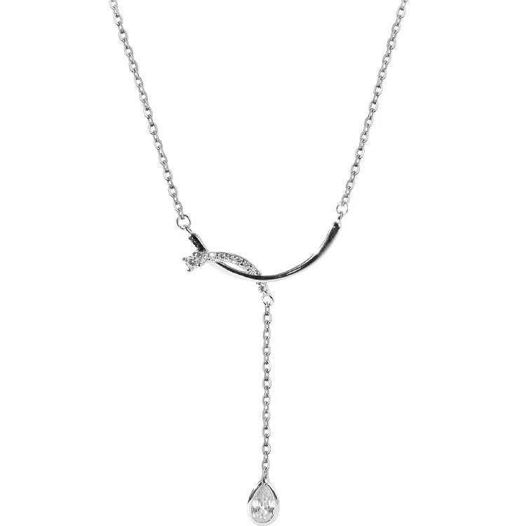 Collana Y Argento 925 Barra Intagliata Zirconio Goccia, Catena Regolabile