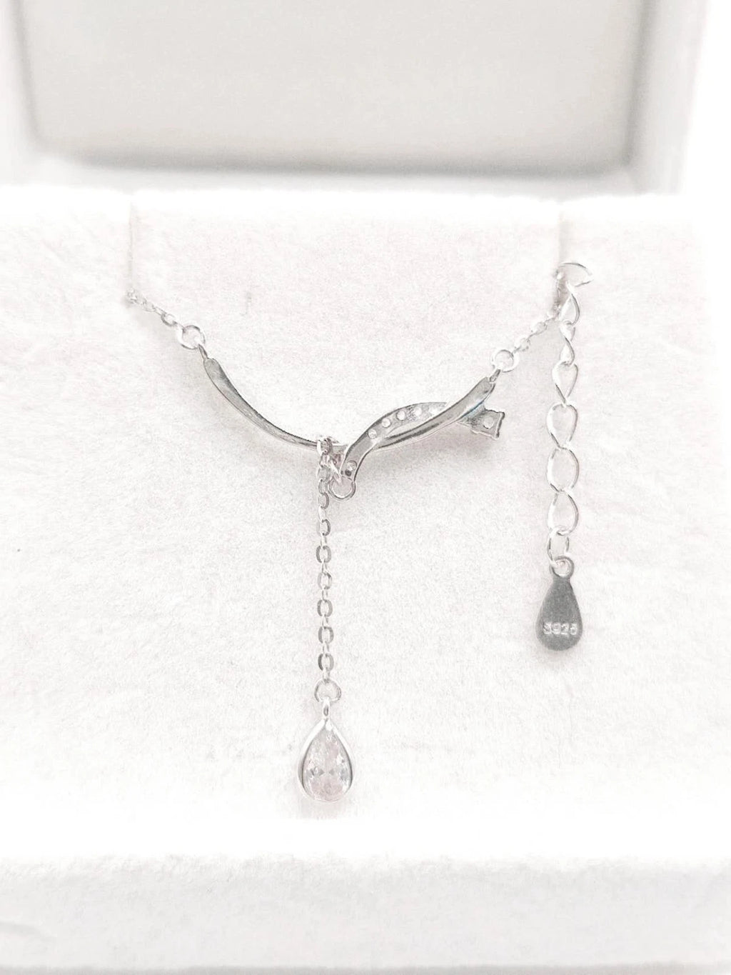 Collana Y Argento 925 Barra Intagliata Zirconio Goccia, Catena Regolabile
