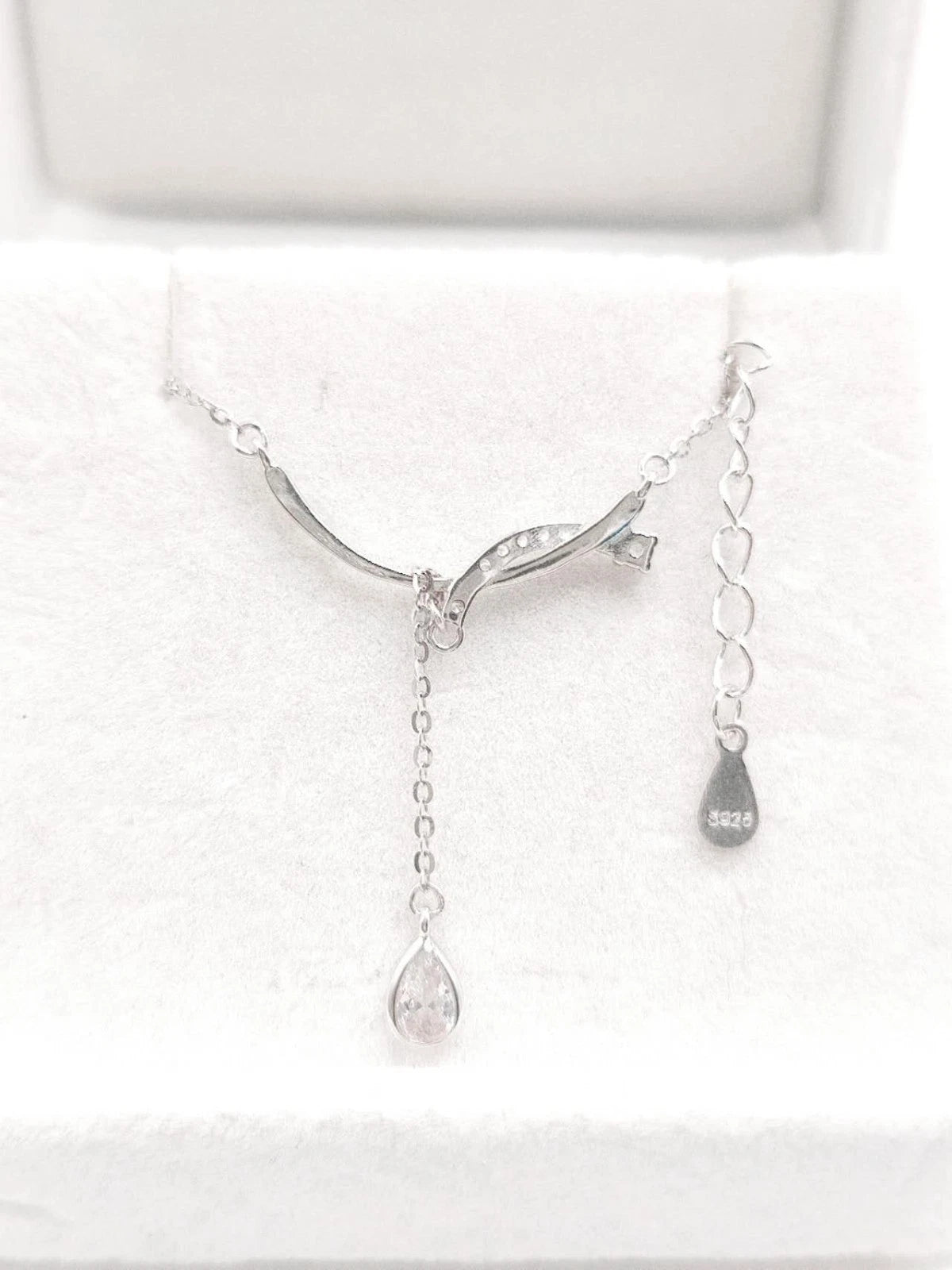 Collana Y Argento 925 Barra Intagliata Zirconio Goccia, Catena Regolabile