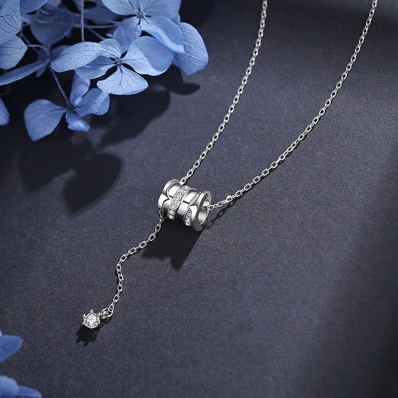 Collana a barilotto in argento 925, ciondolo lariat con zirconi per donna