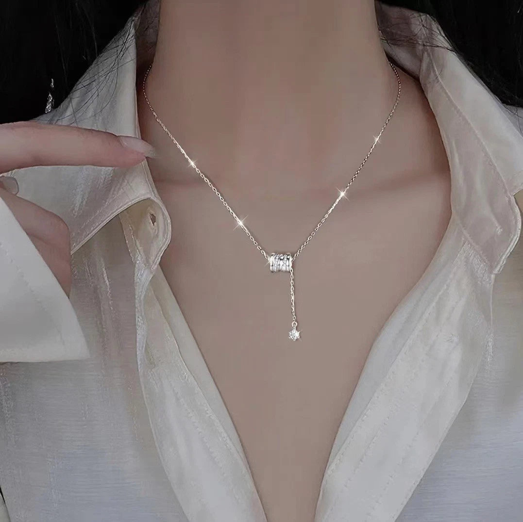 Collana a barilotto in argento 925, ciondolo lariat con zirconi per donna