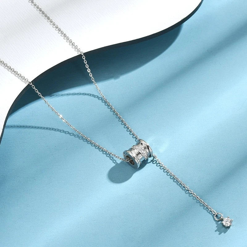 Collana a barilotto in argento 925, ciondolo lariat con zirconi per donna