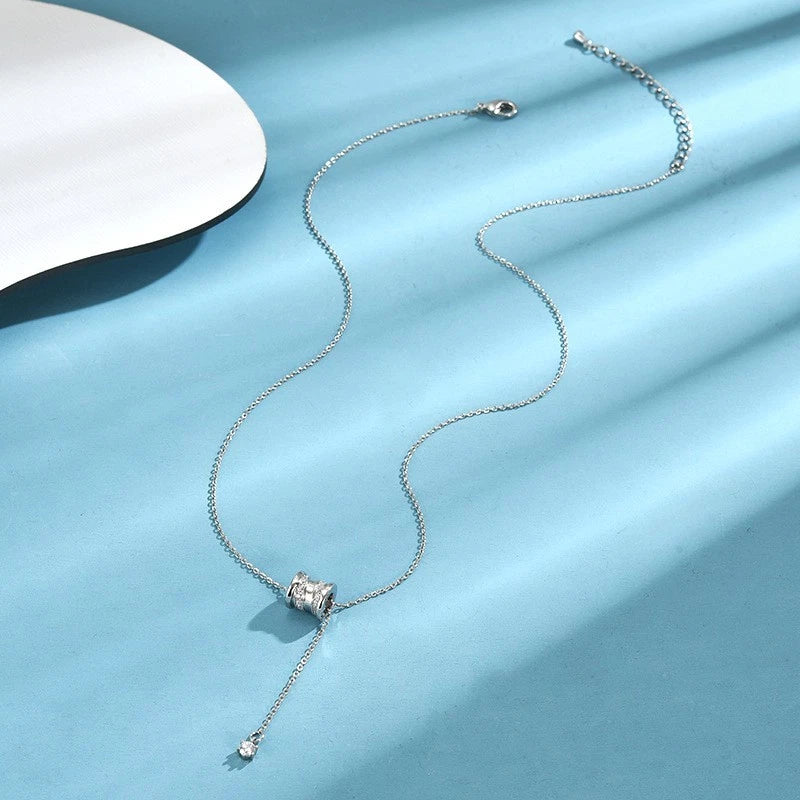 Collana a barilotto in argento 925, ciondolo lariat con zirconi per donna