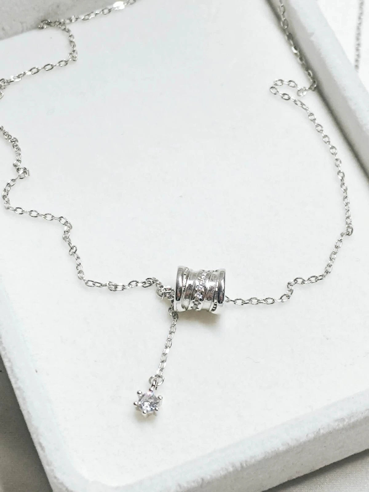 Collana a barilotto in argento 925, ciondolo lariat con zirconi per donna