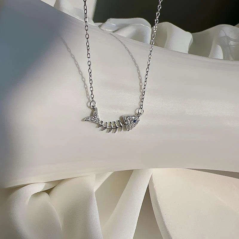 Collana Argento 925 Scheletro Pesce Zirconi Brillanti, Catena Regolabile