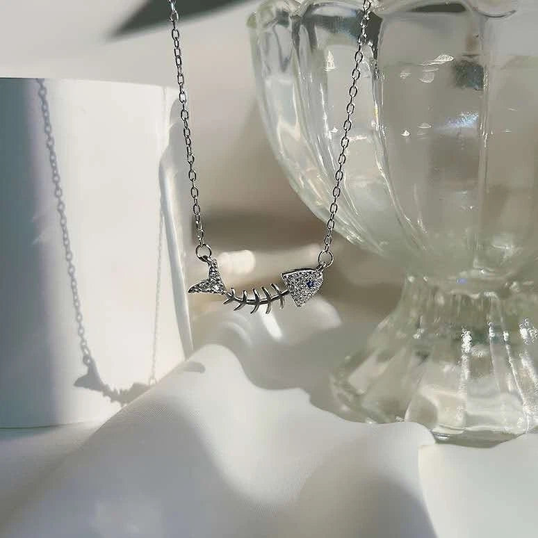 Collana Argento 925 Scheletro Pesce Zirconi Brillanti, Catena Regolabile