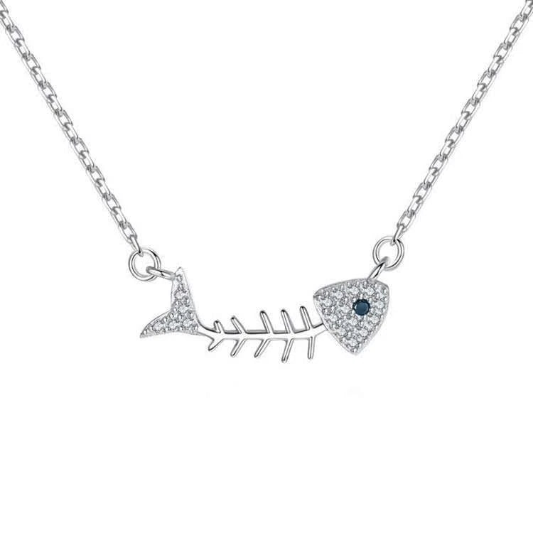 Collana Argento 925 Scheletro Pesce Zirconi Brillanti, Catena Regolabile