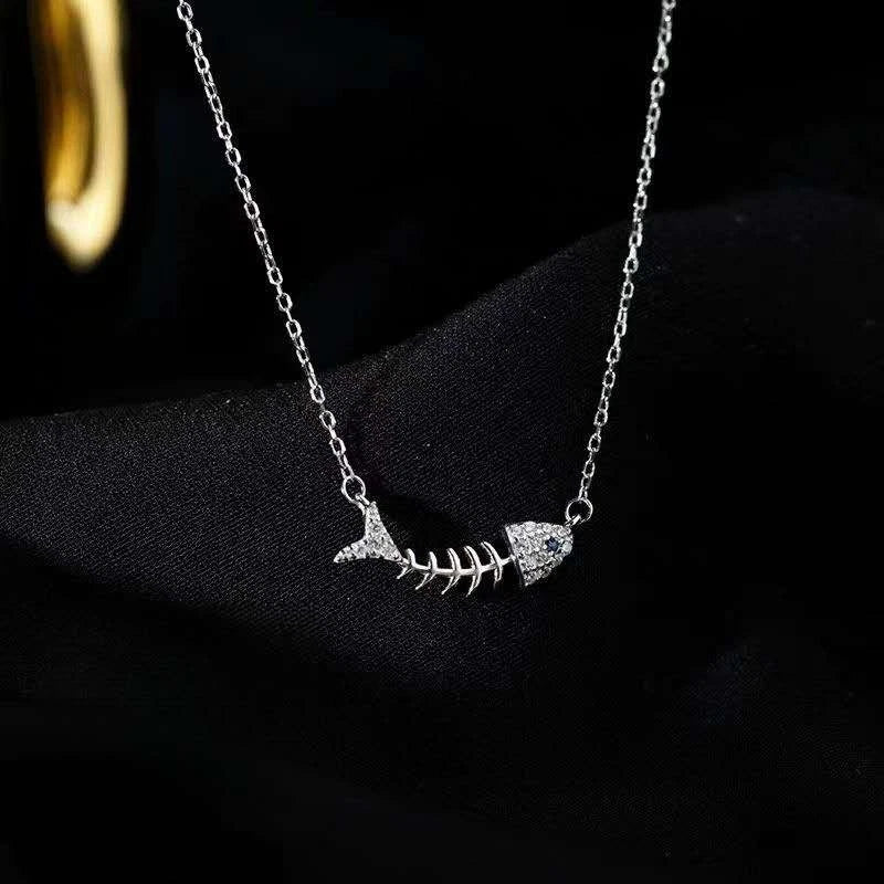 Collana Argento 925 Scheletro Pesce Zirconi Brillanti, Catena Regolabile