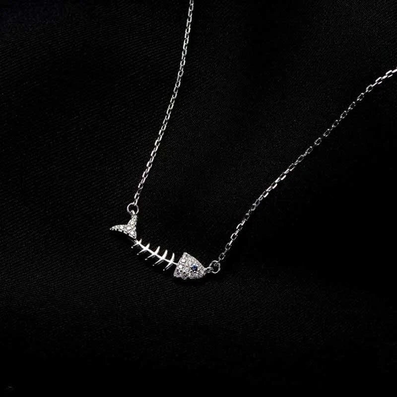Collana Argento 925 Scheletro Pesce Zirconi Brillanti, Catena Regolabile