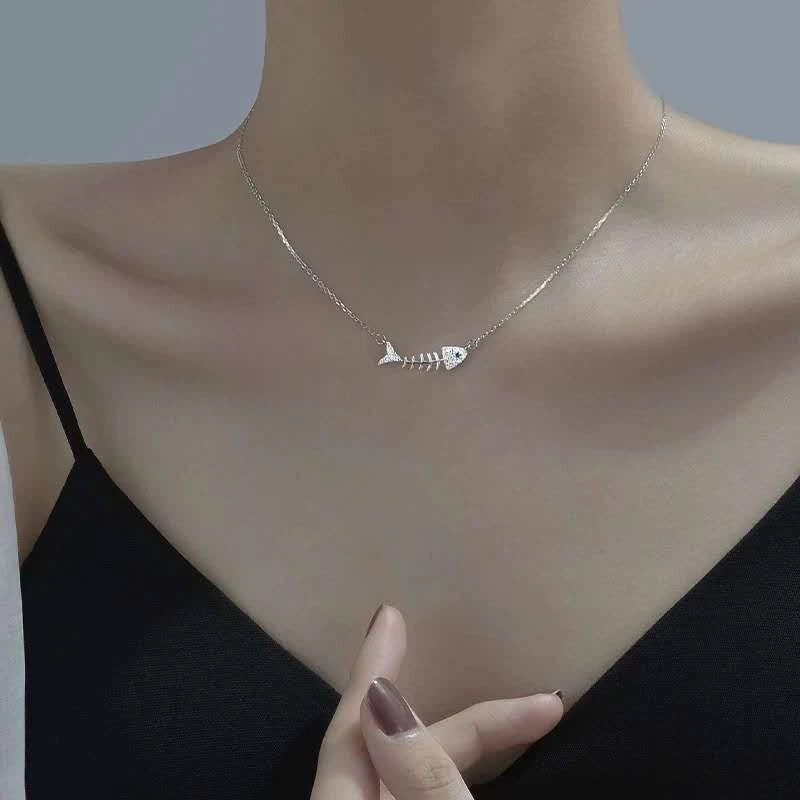Collana Argento 925 Scheletro Pesce Zirconi Brillanti, Catena Regolabile