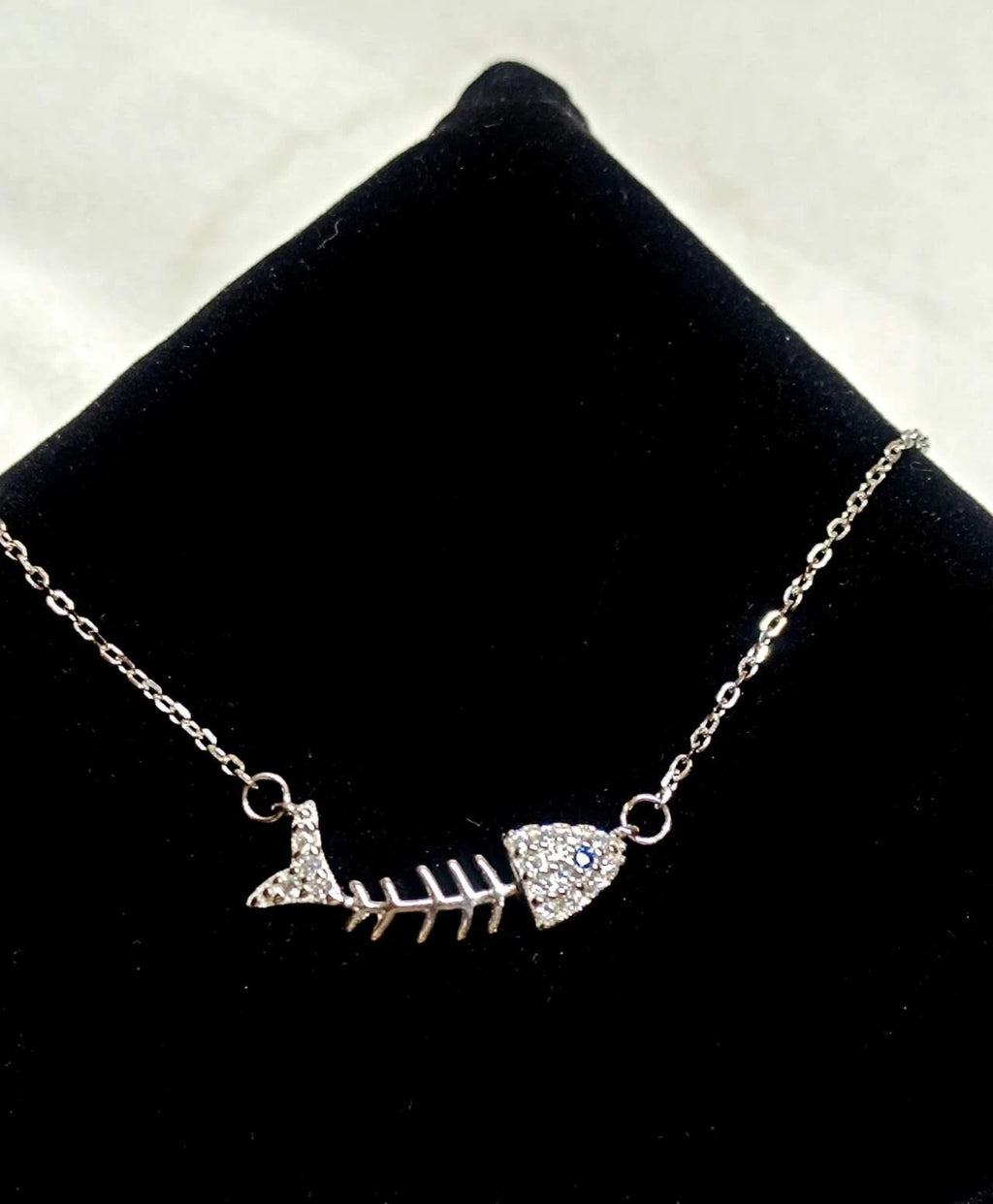 Collana Argento 925 Scheletro Pesce Zirconi Brillanti, Catena Regolabile