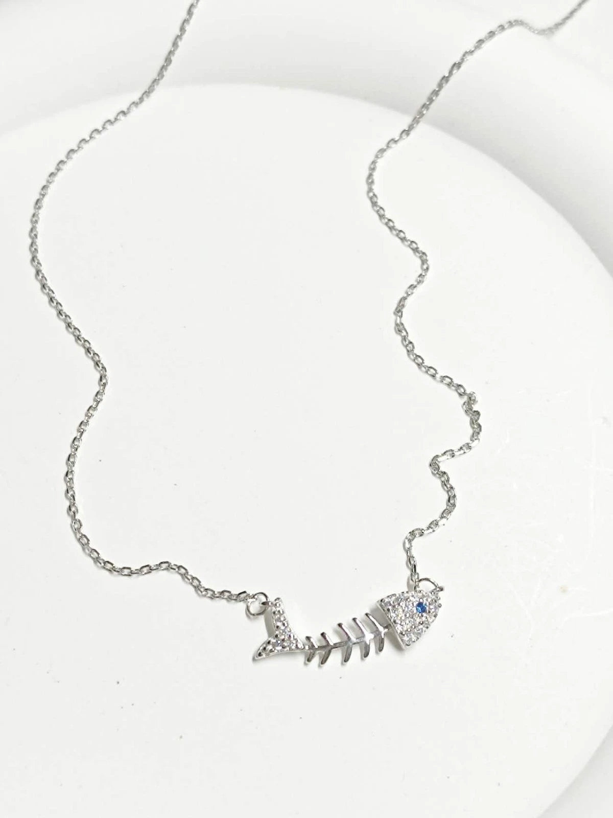 Collana Argento 925 Scheletro Pesce Zirconi Brillanti, Catena Regolabile