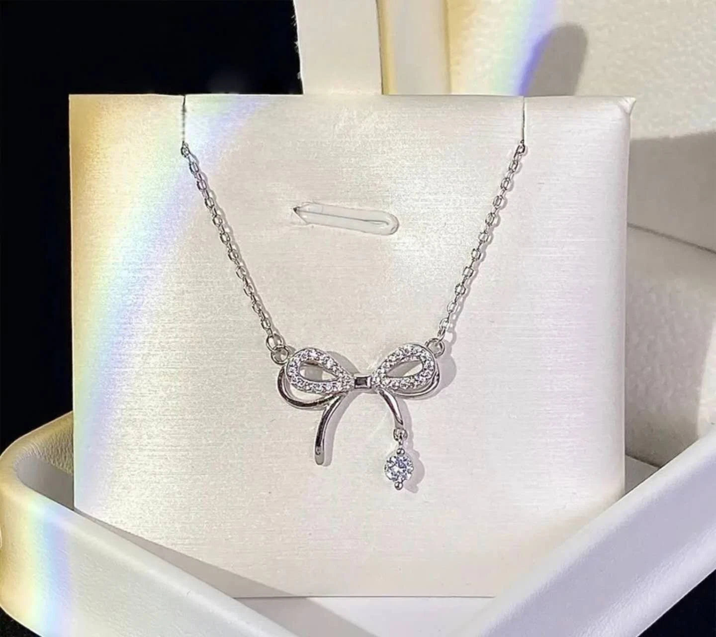 Collana Argento 925 Pendente Fiocco Zirconi Brillanti, Catena Regolabile donna