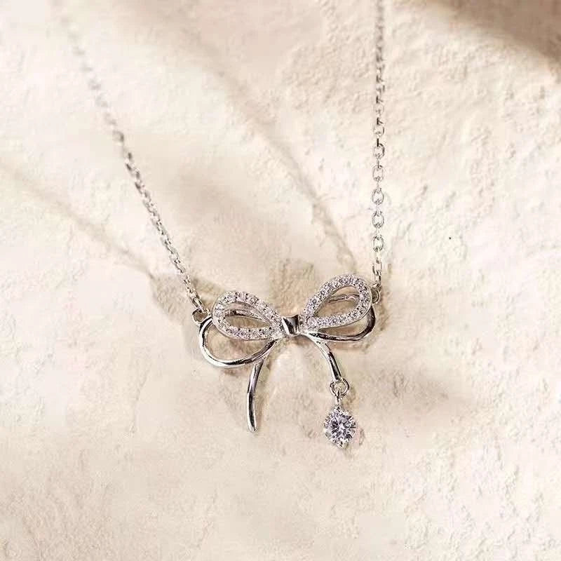 Collana Argento 925 Pendente Fiocco Zirconi Brillanti, Catena Regolabile donna