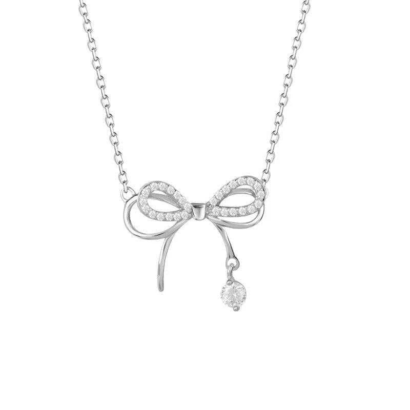 Collana Argento 925 Pendente Fiocco Zirconi Brillanti, Catena Regolabile donna