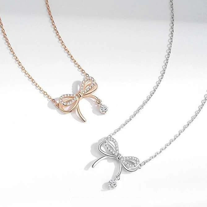 Collana Argento 925 Pendente Fiocco Zirconi Brillanti, Catena Regolabile donna