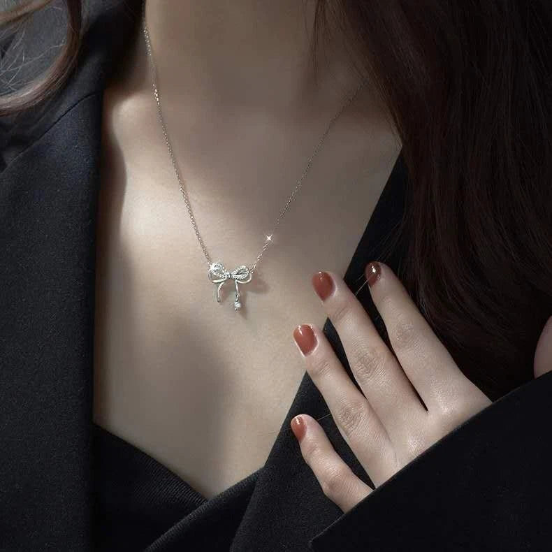 Collana Argento 925 Pendente Fiocco Zirconi Brillanti, Catena Regolabile donna