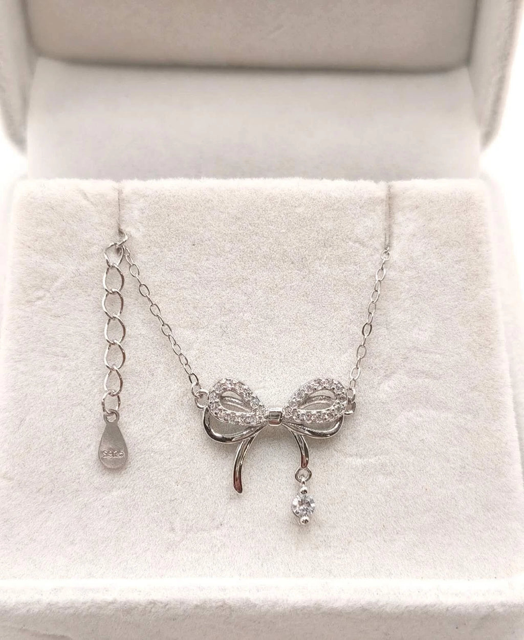 Collana Argento 925 Pendente Fiocco Zirconi Brillanti, Catena Regolabile donna