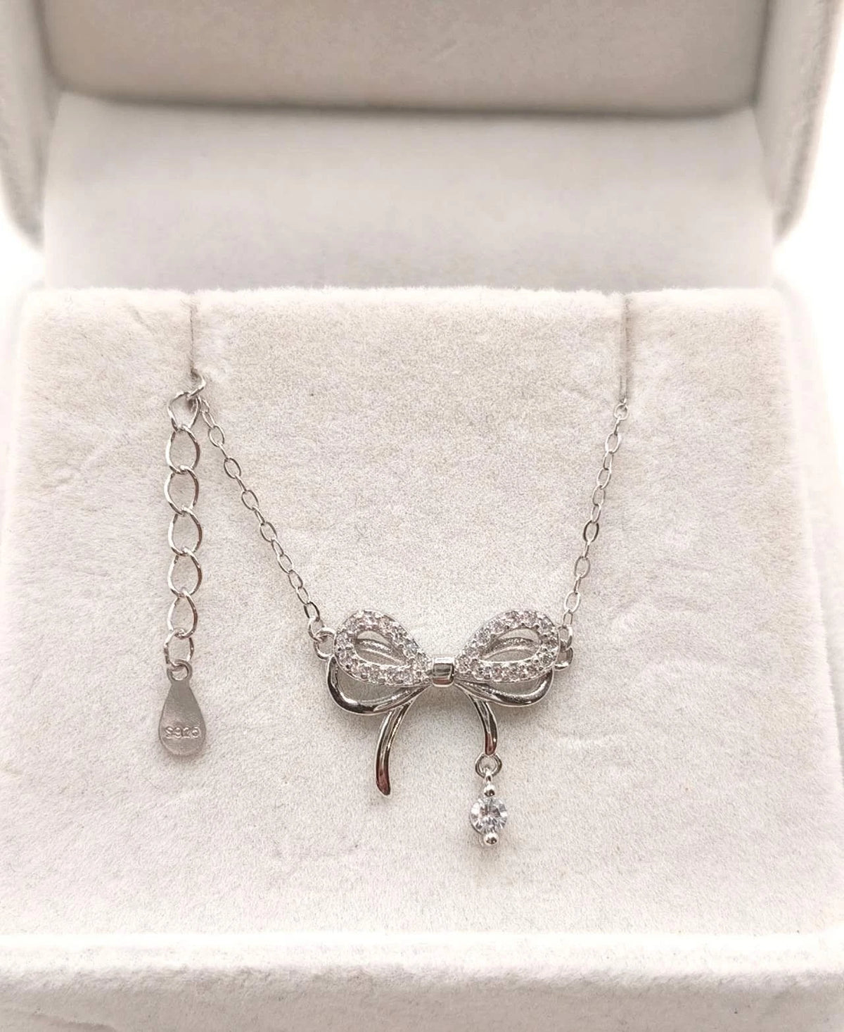 Collana Argento 925 Pendente Fiocco Zirconi Brillanti, Catena Regolabile donna