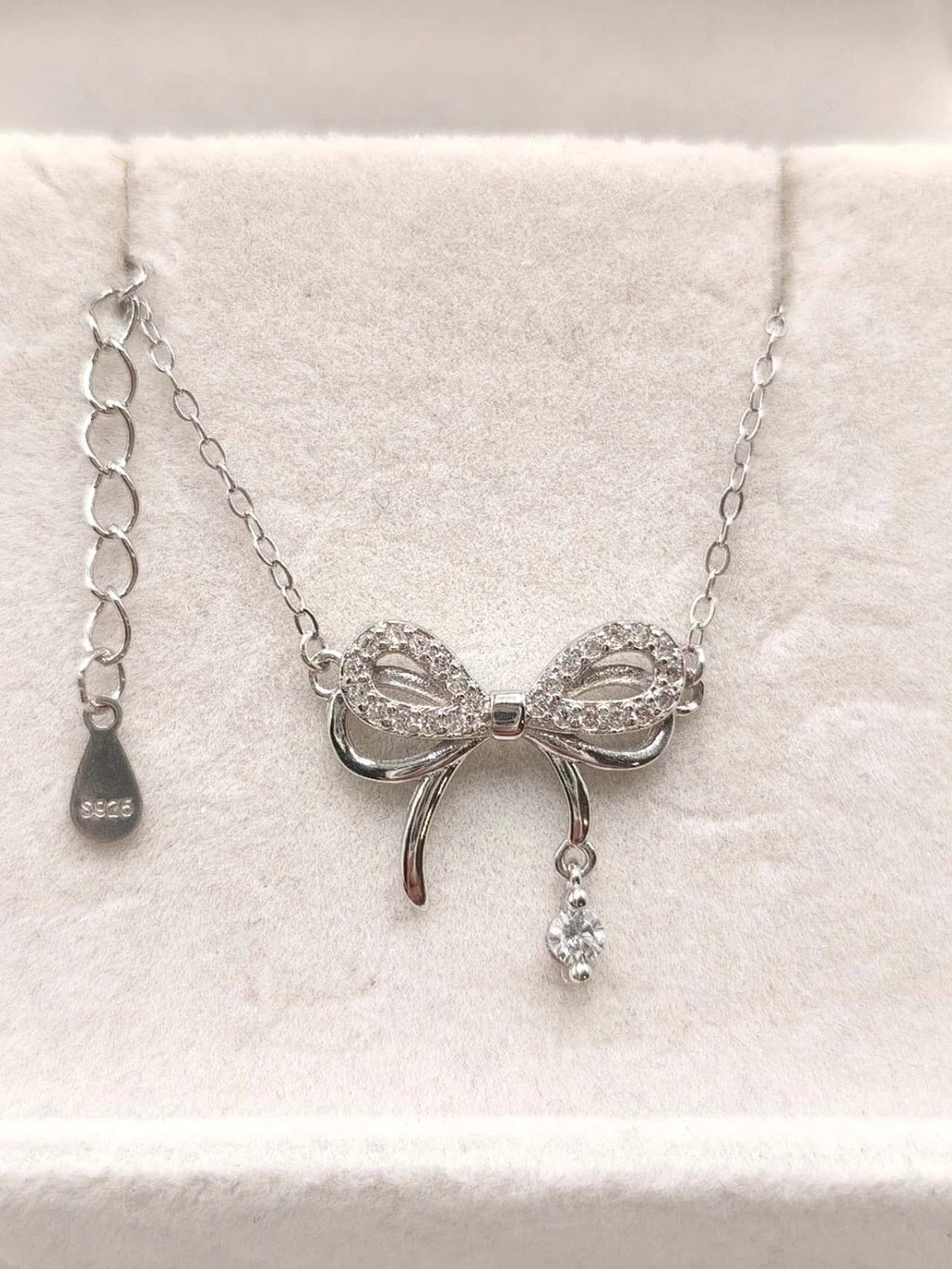 Collana Argento 925 Pendente Fiocco Zirconi Brillanti, Catena Regolabile donna