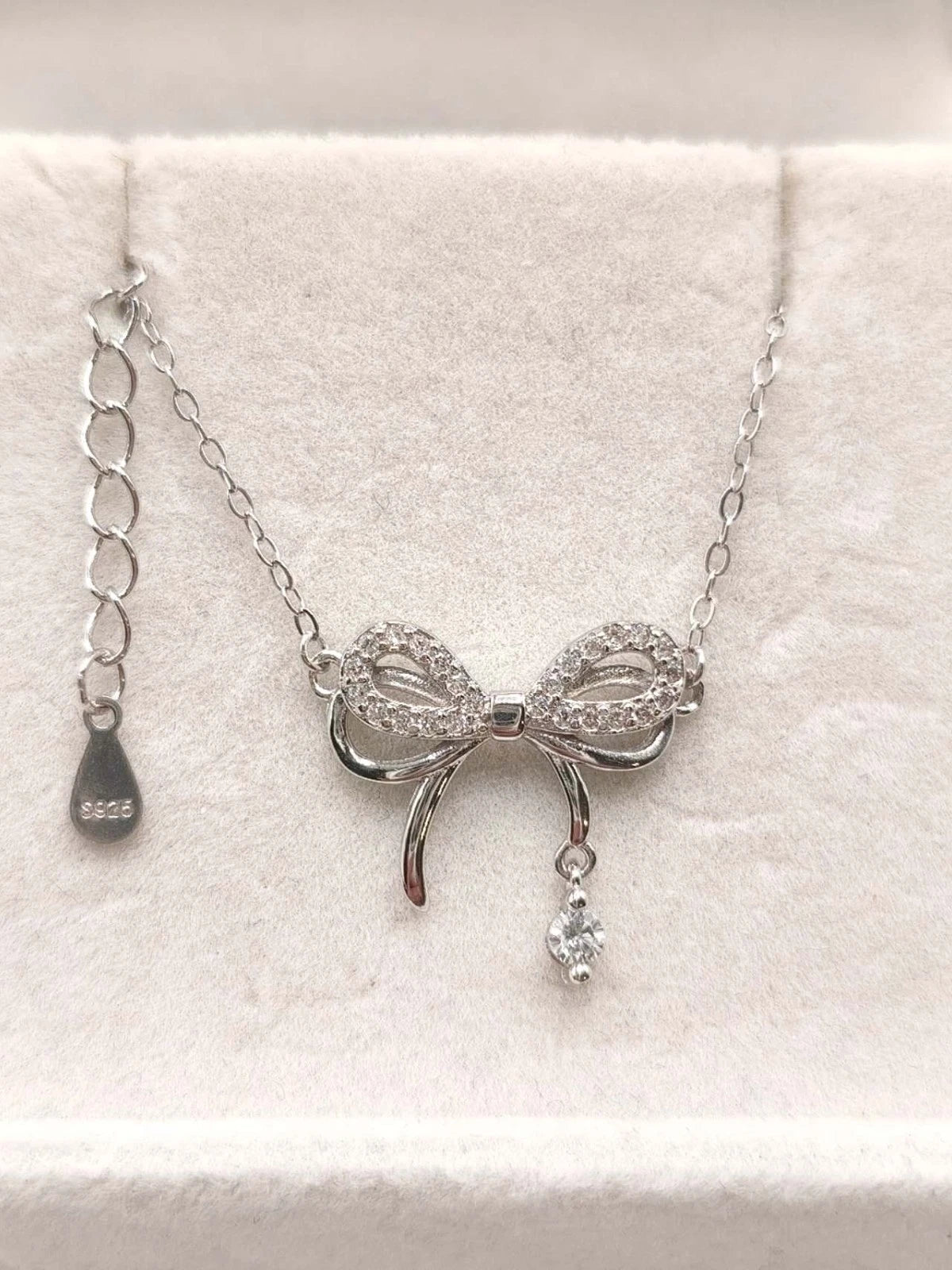 Collana Argento 925 Pendente Fiocco Zirconi Brillanti, Catena Regolabile donna