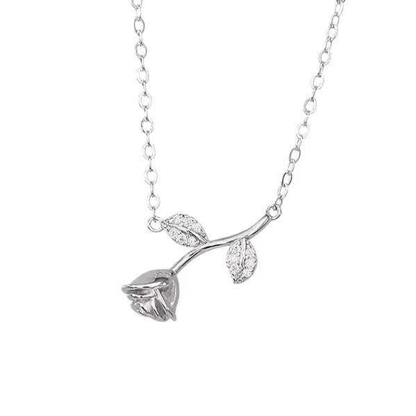 Collana Argento 925 Pendente Rosa Ramoscello Zirconi Brillanti, Cate Regolabile