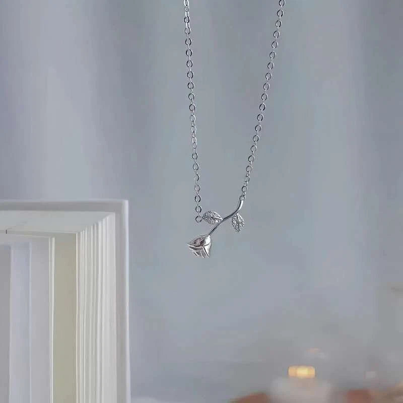 Collana Argento 925 Pendente Rosa Ramoscello Zirconi Brillanti, Cate Regolabile