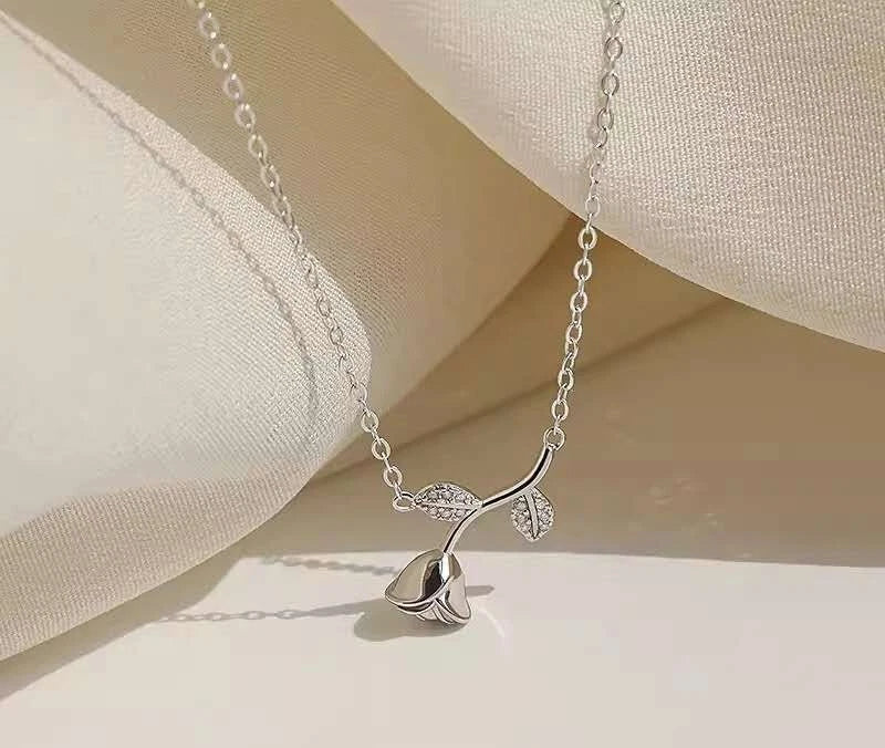 Collana Argento 925 Pendente Rosa Ramoscello Zirconi Brillanti, Cate Regolabile