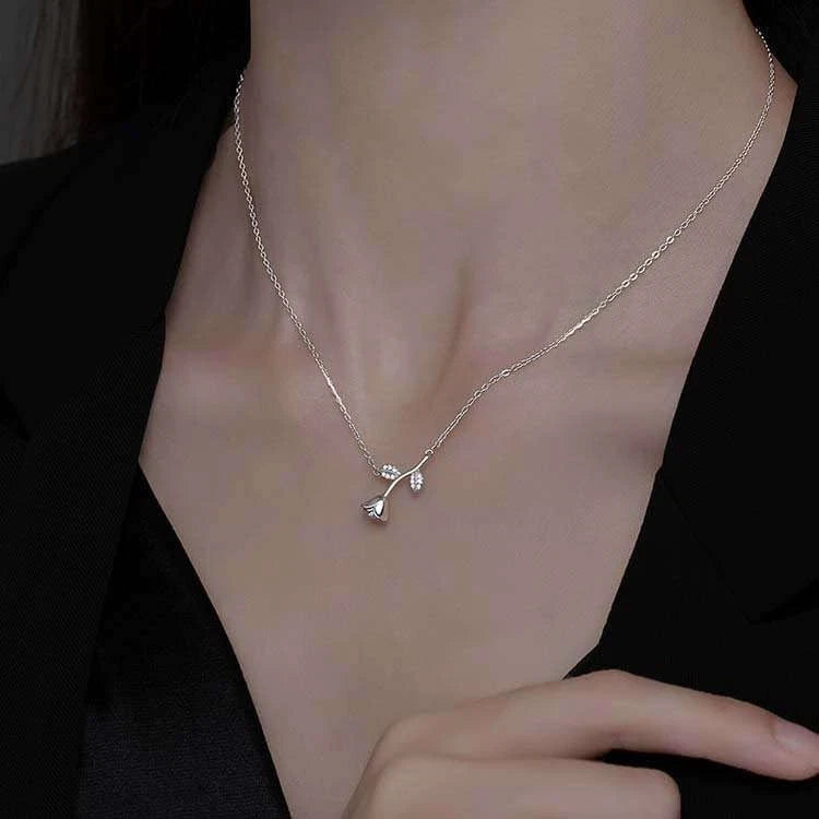 Collana Argento 925 Pendente Rosa Ramoscello Zirconi Brillanti, Cate Regolabile