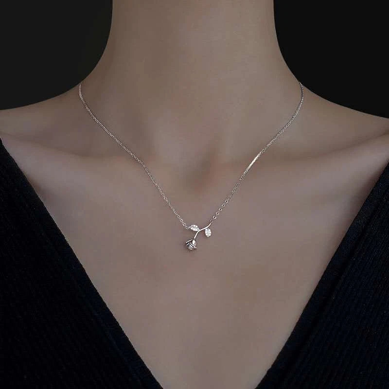 Collana Argento 925 Pendente Rosa Ramoscello Zirconi Brillanti, Cate Regolabile