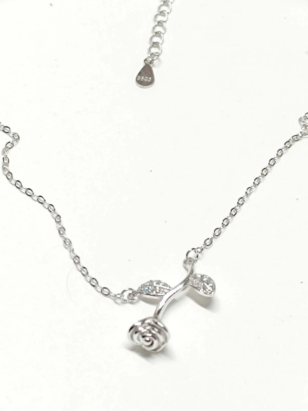 Collana Argento 925 Pendente Rosa Ramoscello Zirconi Brillanti, Cate Regolabile