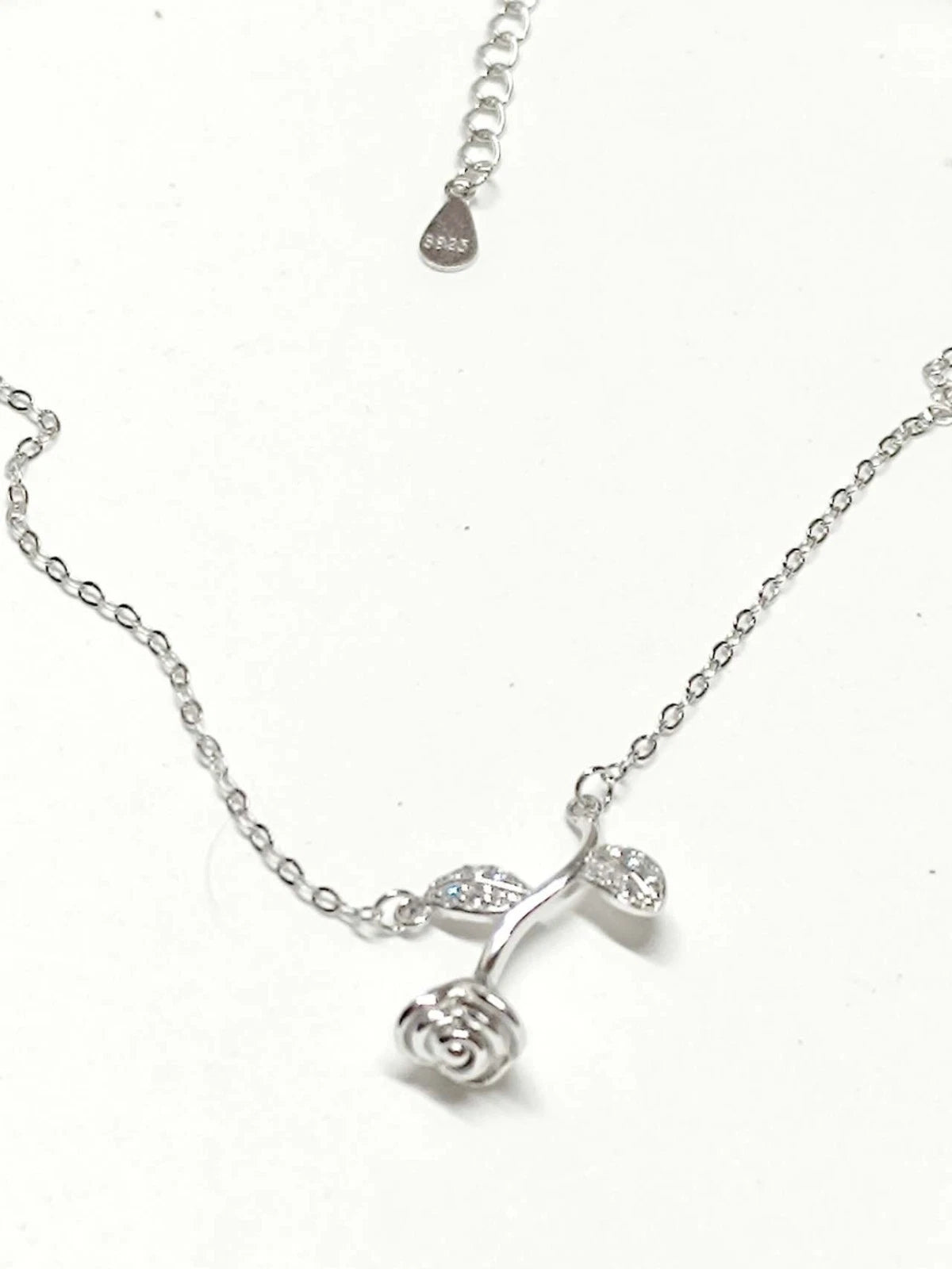 Collana Argento 925 Pendente Rosa Ramoscello Zirconi Brillanti, Cate Regolabile